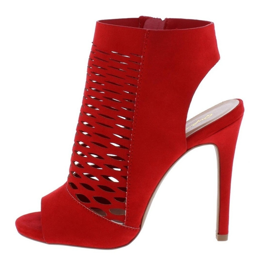 Laser Cut Open Toe Heels - Red